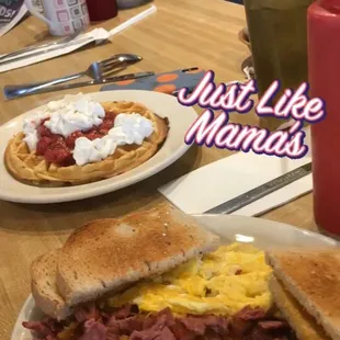 Eggs, corned beef hash, &amp; rye toast. Strawberry waffles.