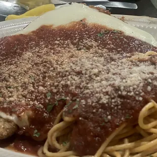 Veal (real veal not the processed patty) parm with spaghetti and Sunday sauce