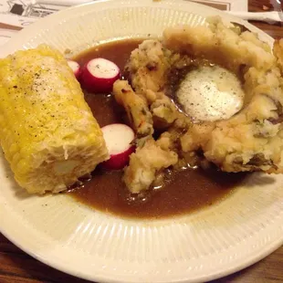 Mashed and corn on the cob, and a couple radishes, or "radii" plural, right? And butter cuz my cholesterol isn't high enough.