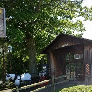 a covered bridge with a horse drawn carriage