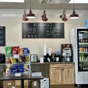 Self serve soup and beverage area