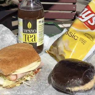 Sandwich made at the deli, bottled tea, chips &amp; chocolate-peanut butter whoopie pie