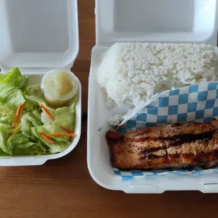 Salmon, rice, salad