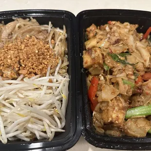 Pork pad Thai and fried tofu pad Kee Mao