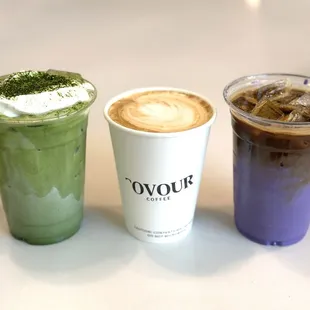 Matcha einsanner (iced), burnt honey latte (hot), dirty ube latte (iced)