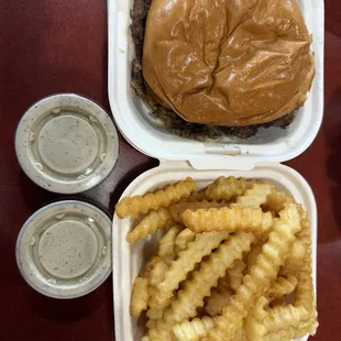 Double burger, fries, ranch