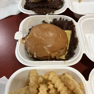 Double burger and a single burger and fries.