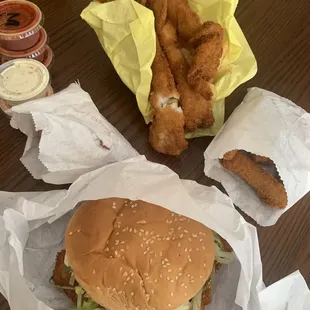 Fish and chips, fried zucchini and fish burger