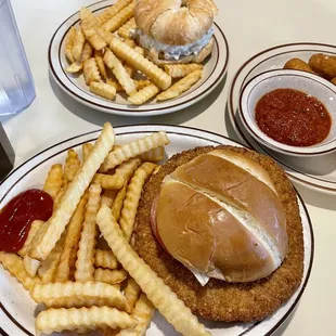 Tenderloin Sandwich, Chicken Salad Croissant, Fries and Mozzarella Sticks.
