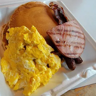 Pancakes (2) were super delicious! Eggs were ok (cooked with oil). Wish they had beef instead of pork (2 bacon 2 sausage and ham)