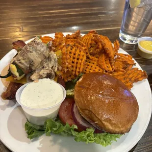 The Capital burger and sweet potato waffle fries