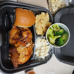 Half Chicken, Twice Baked Potaters, White Cheddar Mac and Cheese, Roasted Broccoli