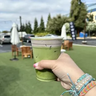 Iced oatmilk matcha latte + blueberry cold foam