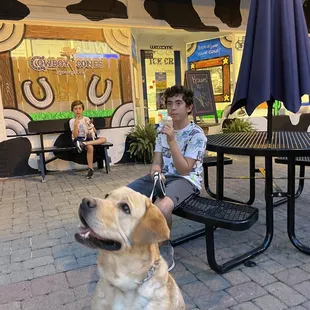 a young boy sitting on a bench with his dog