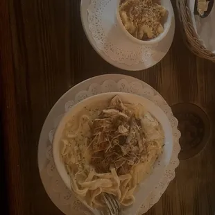 Fettuccine Alfredo with Grilled Chicken (large dish) Mac n Cheese (small dish)