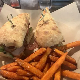 Turkey club sub and sweet potato fries
