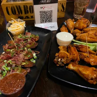 12 piece wings: half hot and half bourbon siracha Potater Skins with dairy on the side