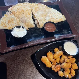 Chicken Quesadilla, Cheese Curds.