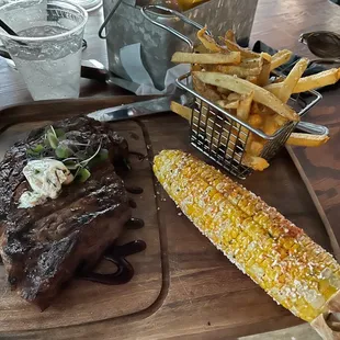 Ribeye with Fries and Corn