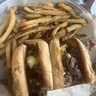 Cheesesteak with provolone and American with fries