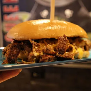 a hand holding a plate with a pulled pork sandwich