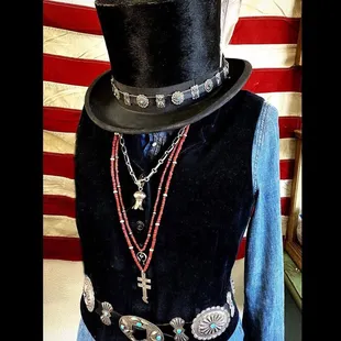 Antique Top Hat w/ Concho hat band vintage wear and trade bead and vintage Native Jewelry