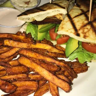 chicken avocado BLT with sweet potato fries!