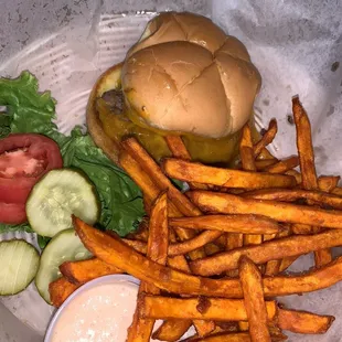 quarter pound burger with sweet potato fries