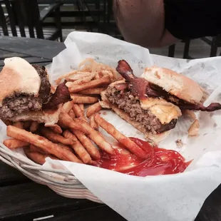 Burger with beer-battered fries.