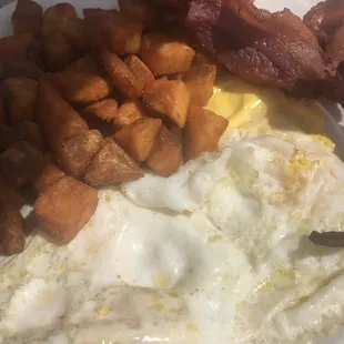 eggs (over hard), meat-bacon, potatoes-breakfast potato