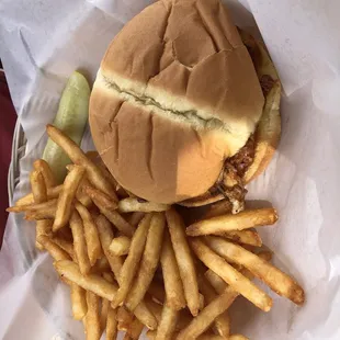 Pulled pork sandwich with beer batters fries