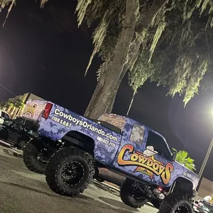 a blue truck parked in a parking lot