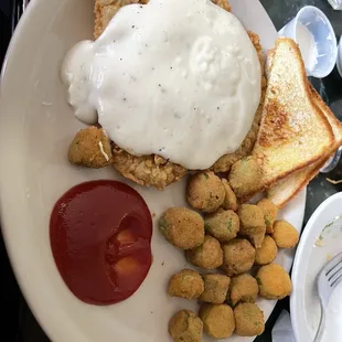 Chicken Fried Steak, Okra, and House Salad (not pictured, but oh so good)