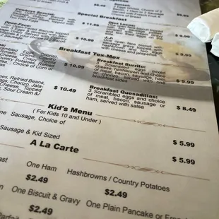 a menu with prices and prices