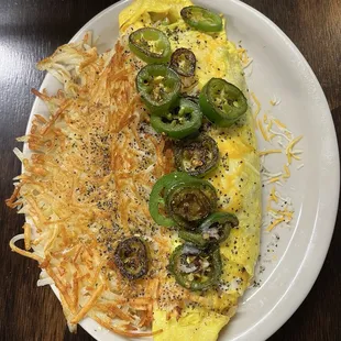 Meat Lovers Omelette, added fresh Jalapeño, always fantastic Hashbrowns