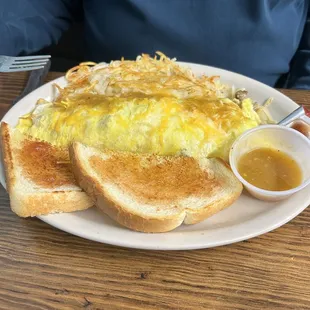 Meat Lover's Omelette, hash browns salsa and toast