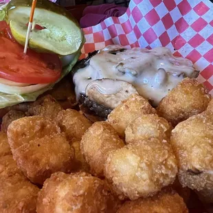 Mushrooms and Swiss Burger with Tots