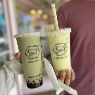 matcha green milk tea (blended) and mango rice yogurt