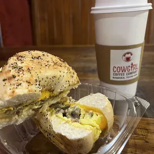 Breakfast sandwich on everything bagel w/ English toffee macchiato.