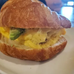 The Breakfast sandwich is on a flaky homemade crossiant and we added sausage, eggs and avocado. It was warm and flavorful.