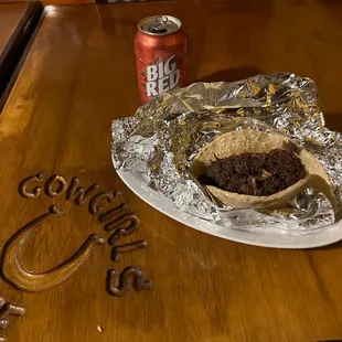Barbacoa tacos on corn tortillas, plus a Big Red to add a bit of nostalgia.