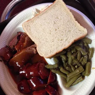 BBQ Brisket, hot links, green beans and coleslaw! Can't go wrong!!