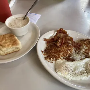 Bacon, Eggs, hash browns, biscuits and gravy.