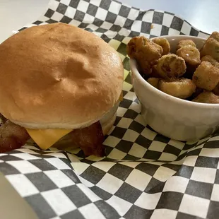 Bacon cheese burger with fried okra