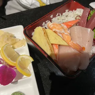 Salmon skin salad and chirashi.