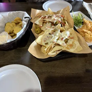 Fried pickles, nachos, bang/bang shrimp