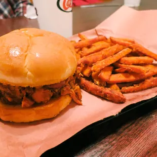 Pulled Chicken Sandwich with sweet fries.