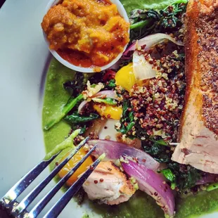 Lunch, organic salmon and quinoa