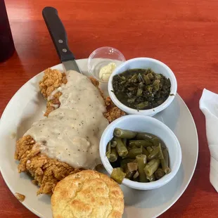 Chicken fried chicken and sides.