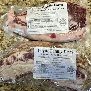 Ribeye steak and beef bacon